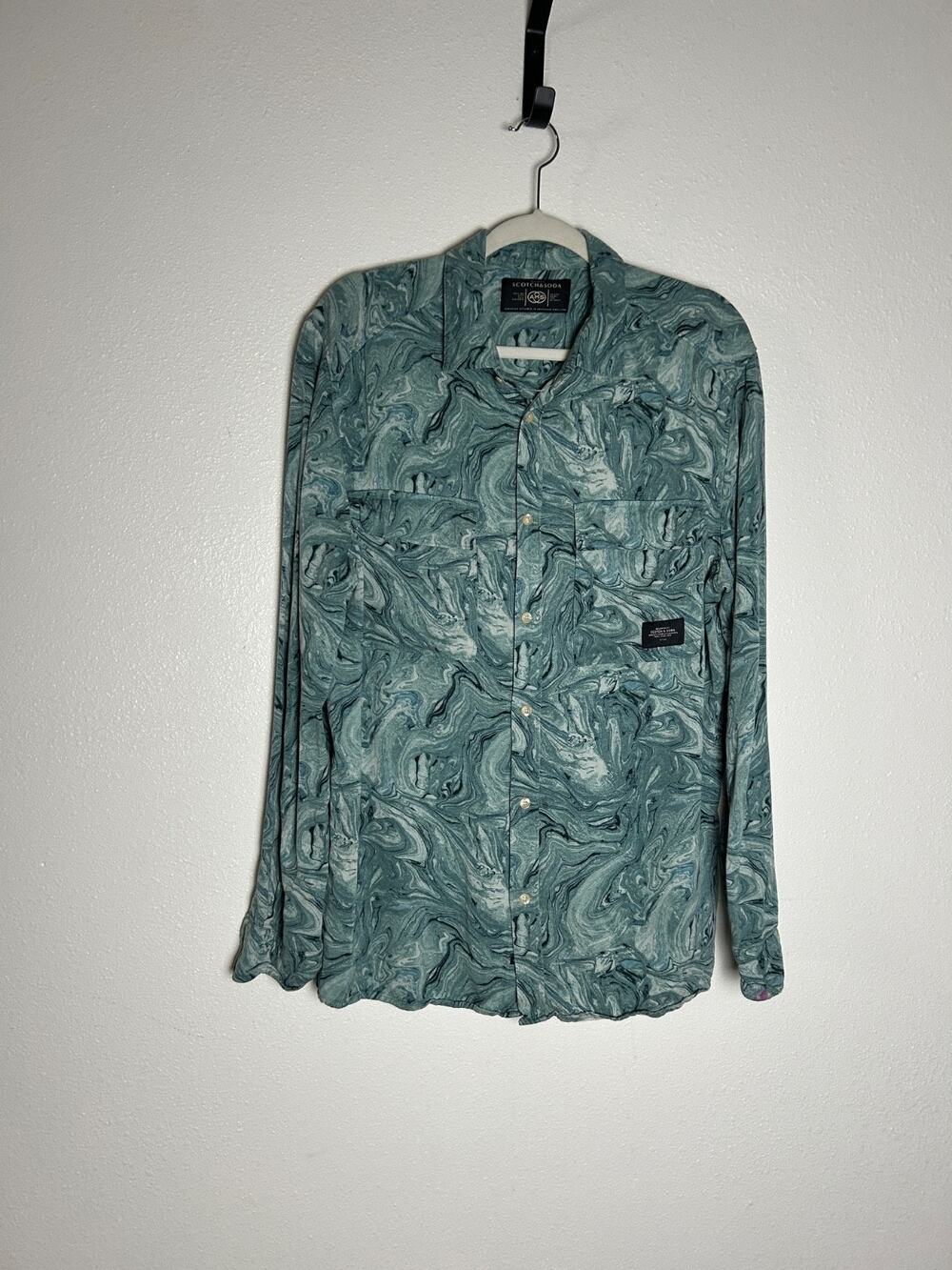 Scotch and Soda Shirt Button Up Green Blue Marble Print Double Pocket Size L